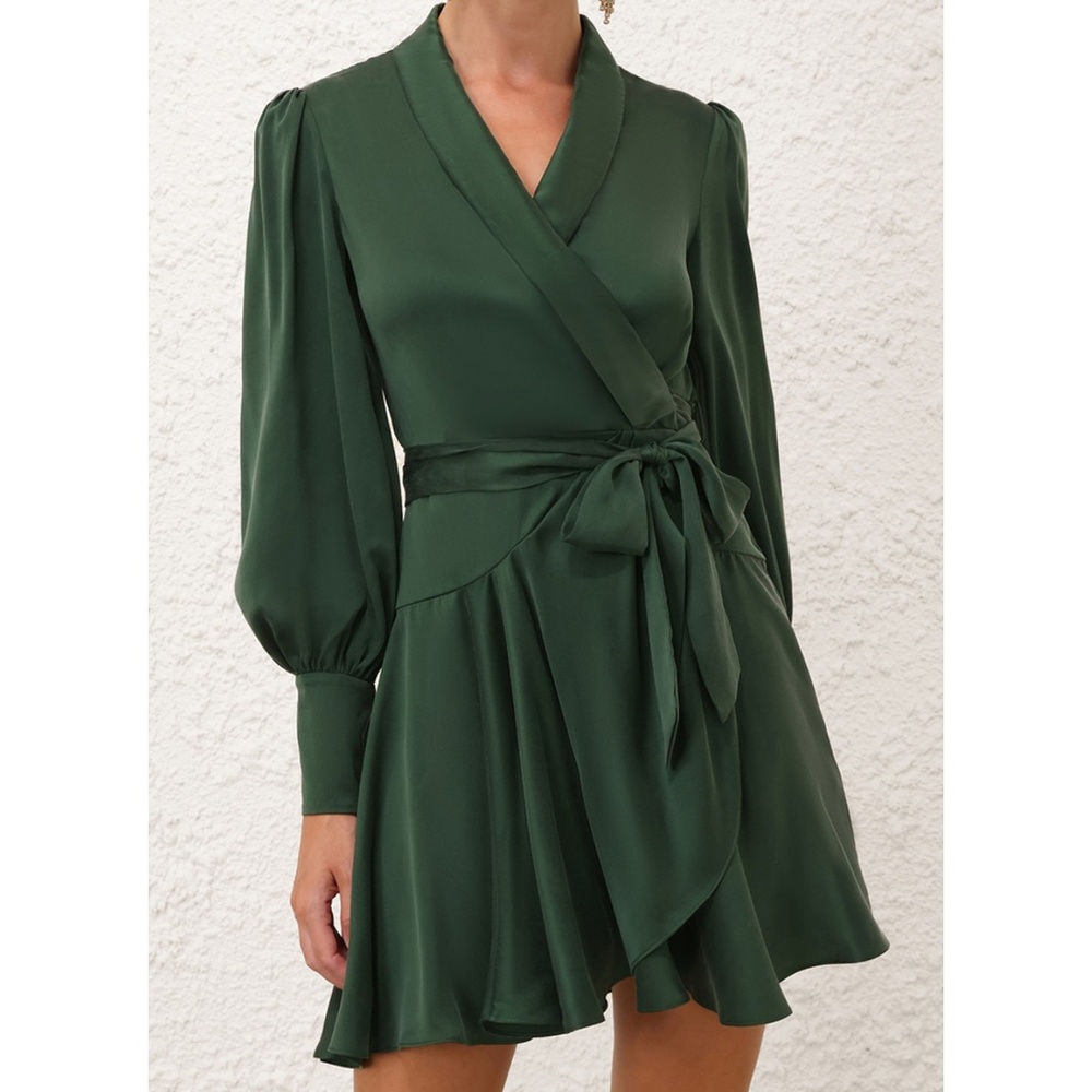 Zimmerman Silk Wrap Mini Dress, Medium, Forest Green